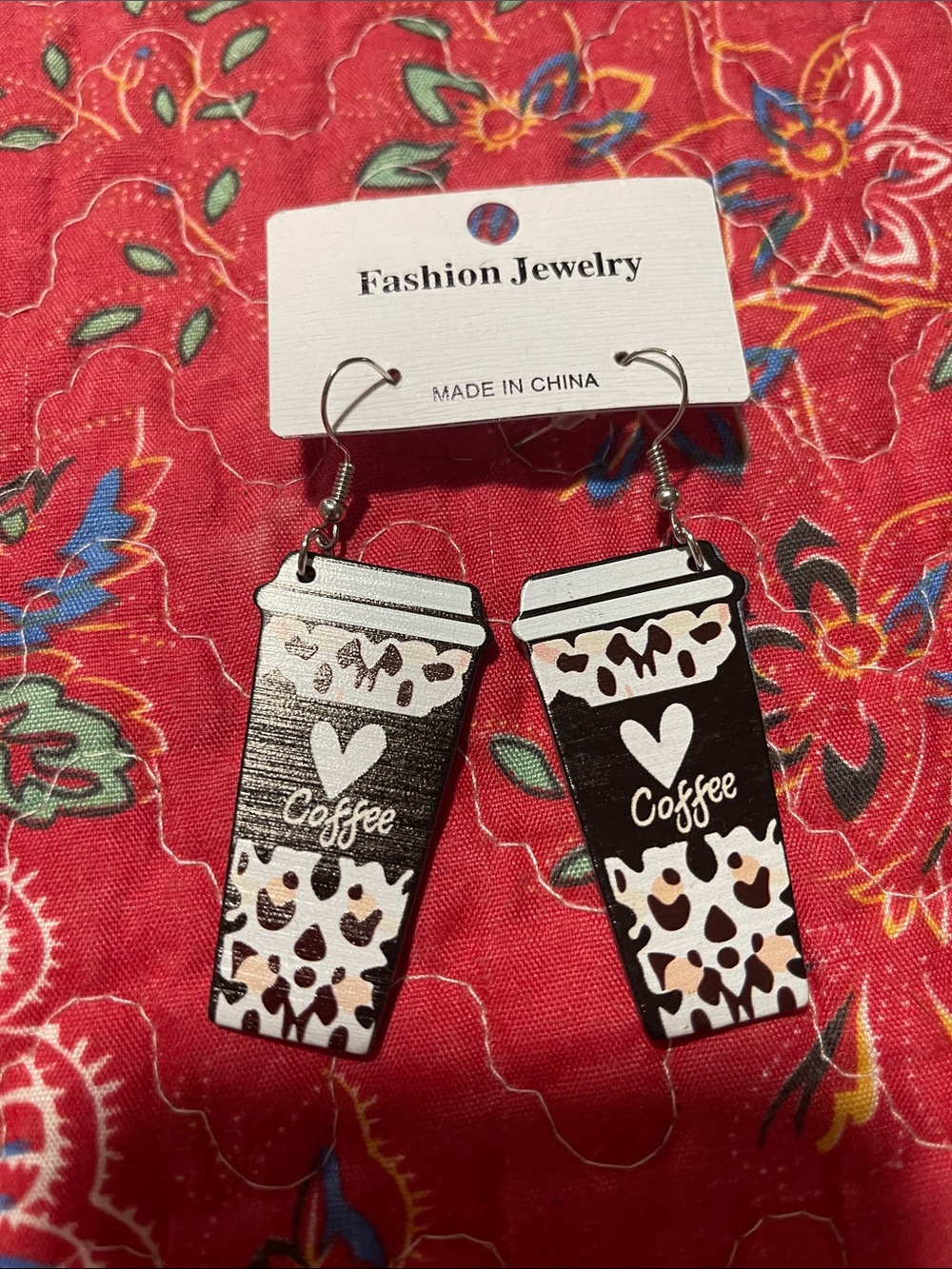 NWOT Fashion Jewelry Coffee Cup Earrings - Black and White with Animal Print